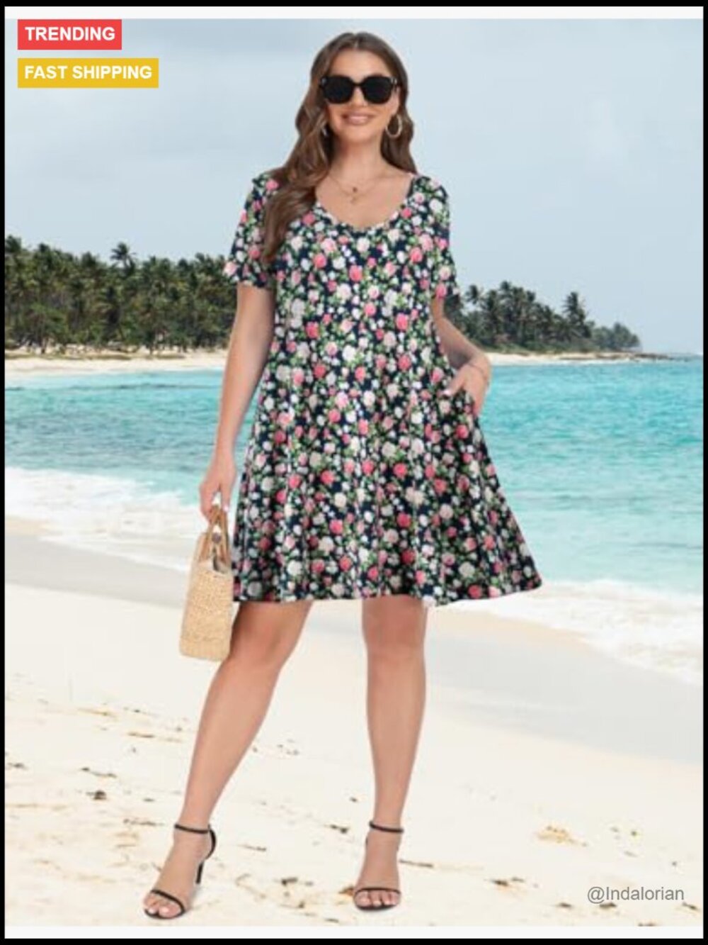 Plus Size V Neck Short Sleeve A Line Midi Sundress with Pockets - Picture 5 of 7